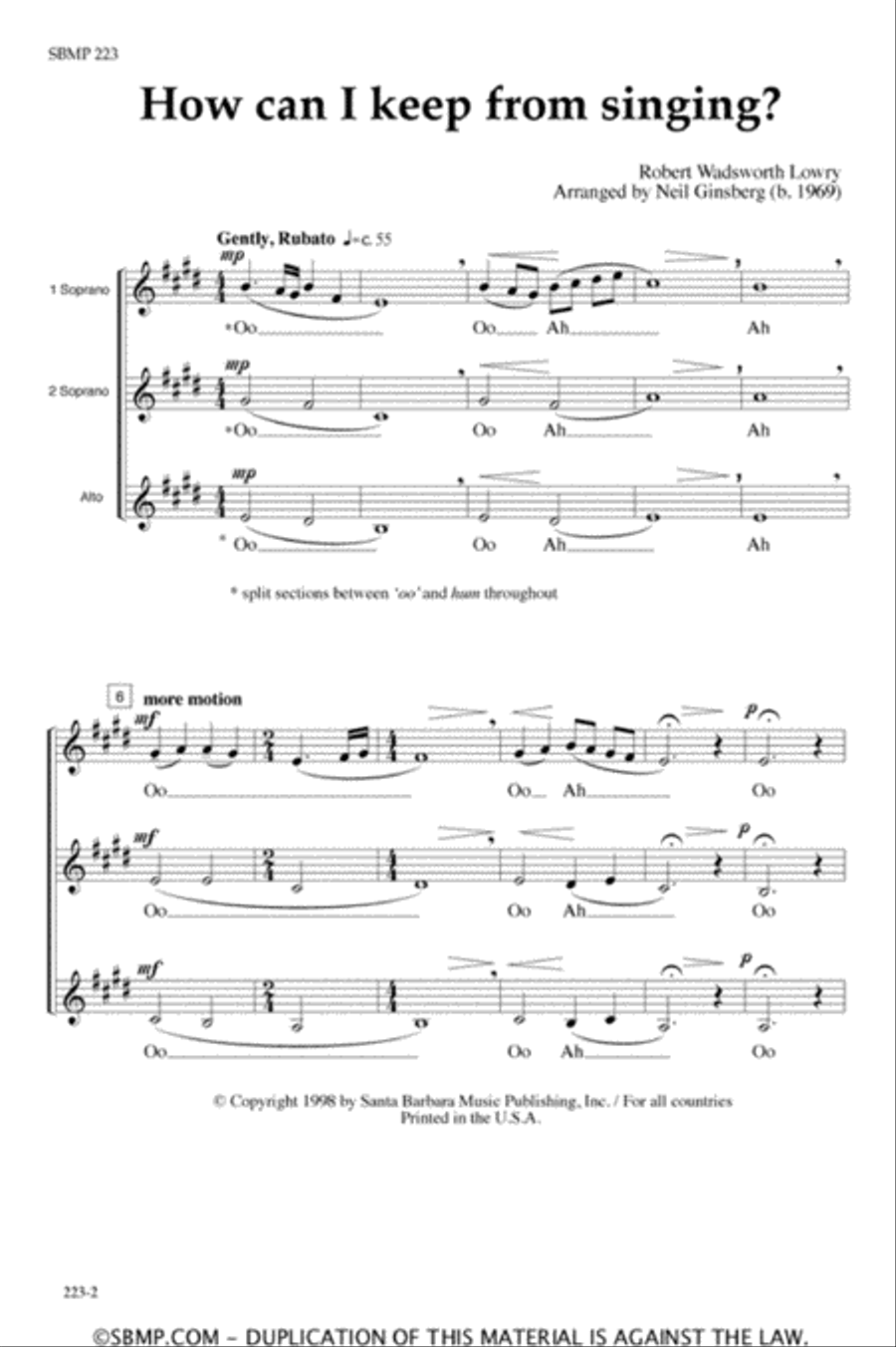 How Can I Keep from Singing - SSA Octavo image number null