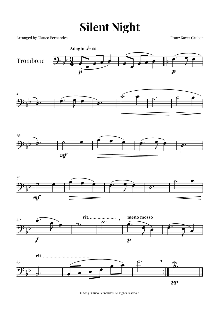 Silent Night | BEAUTIFUL Arrangement Trombone Solo scores gallery preview page 1