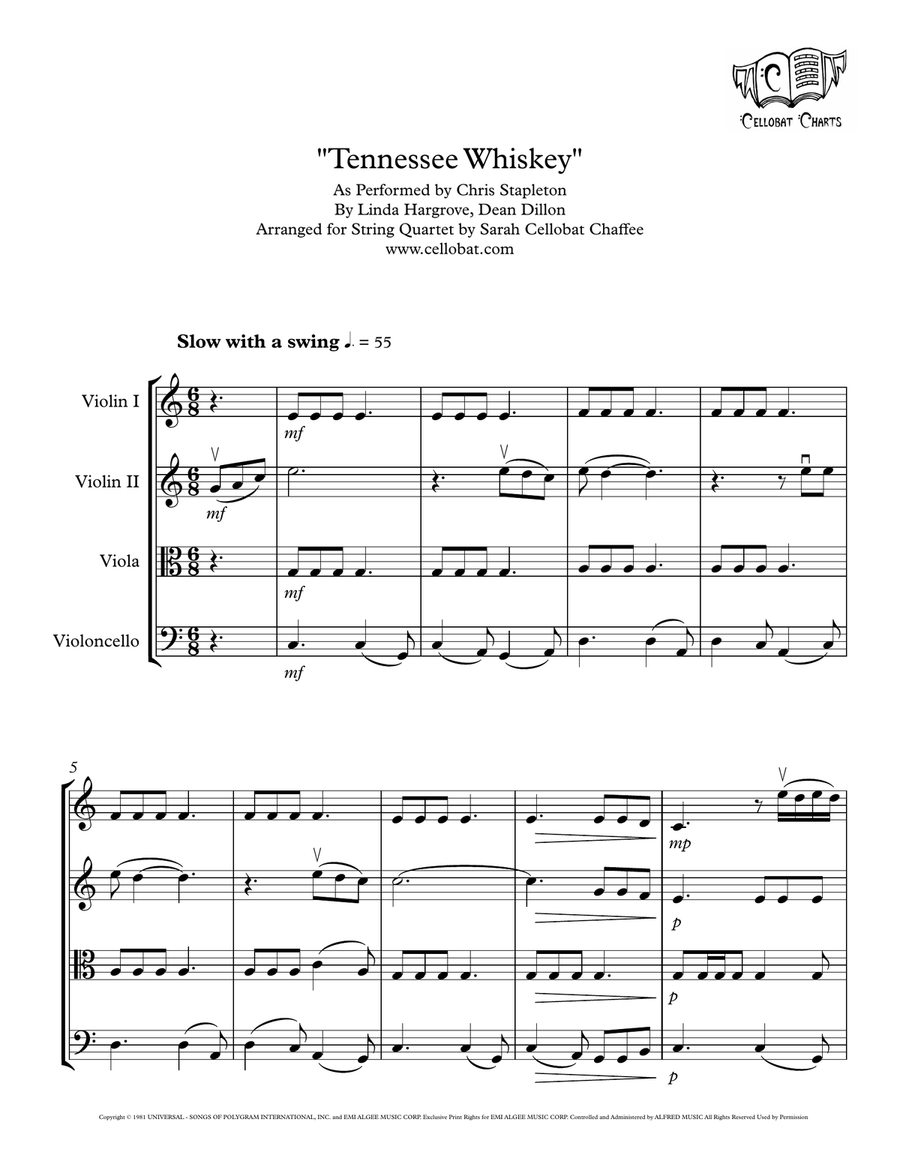 Tennessee Whiskey by Chris Stapleton String Quartet - Digital Sheet Music