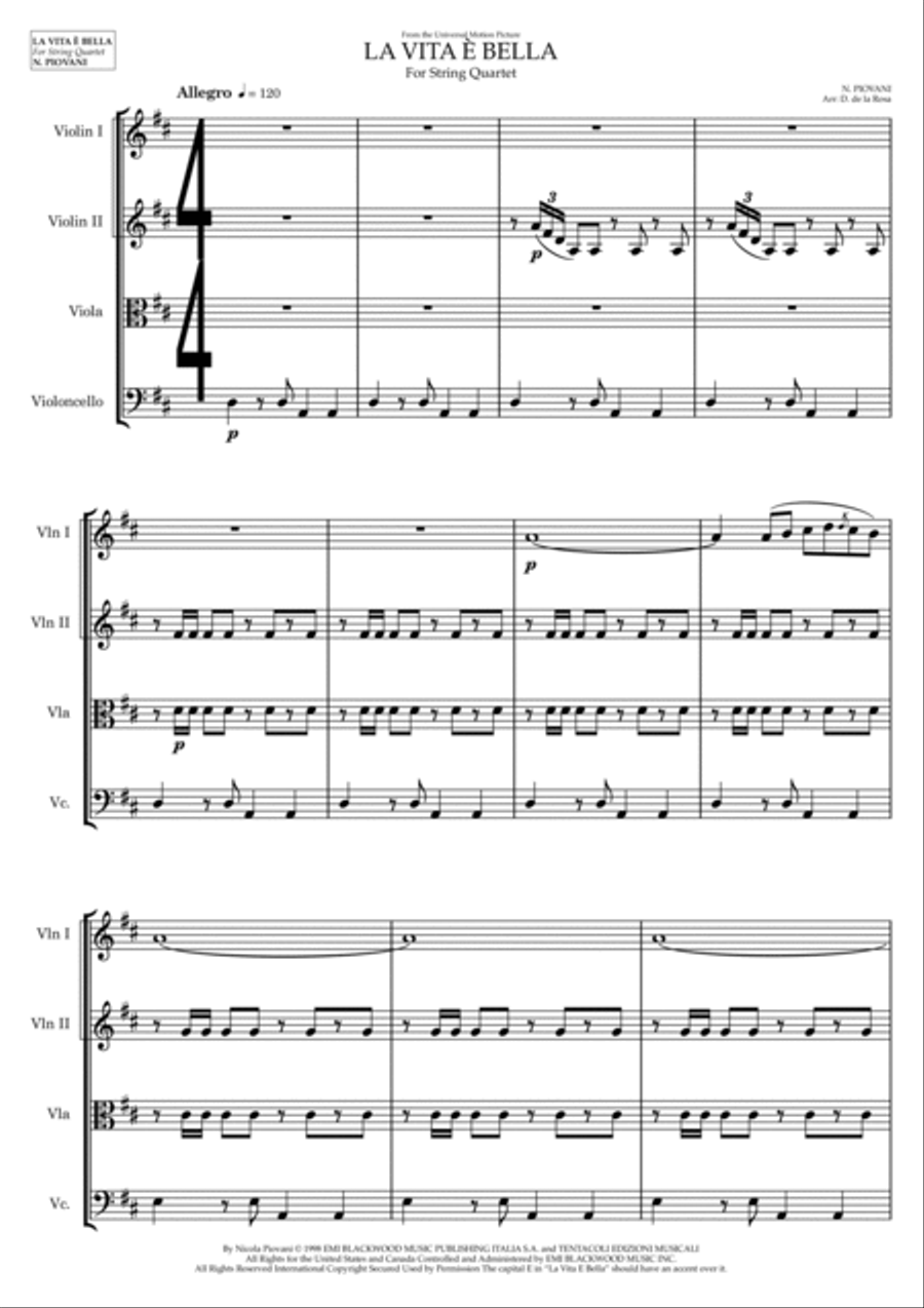 Life Is Beautiful (la Vita E Bella) String Quartet scores gallery preview page 2