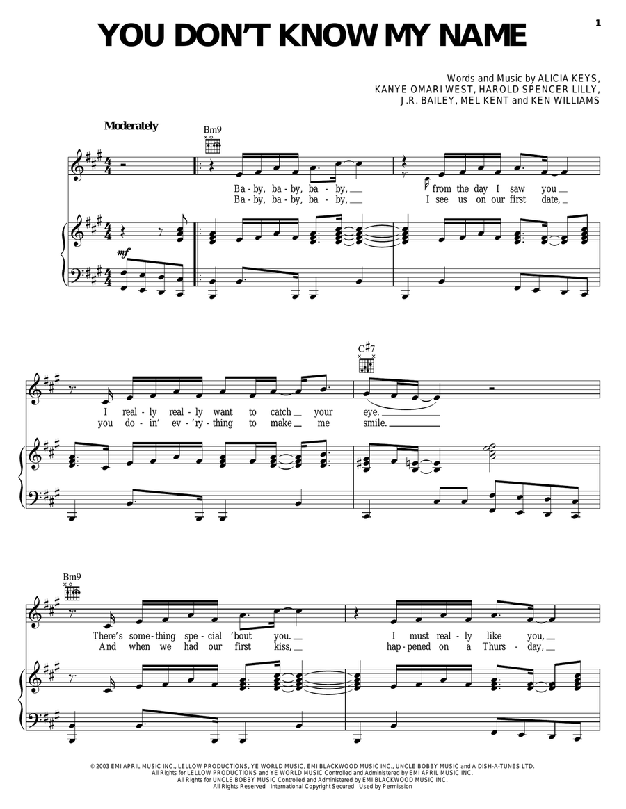 You Don't Know My Name Piano, Vocal, Guitar scores gallery preview page 1