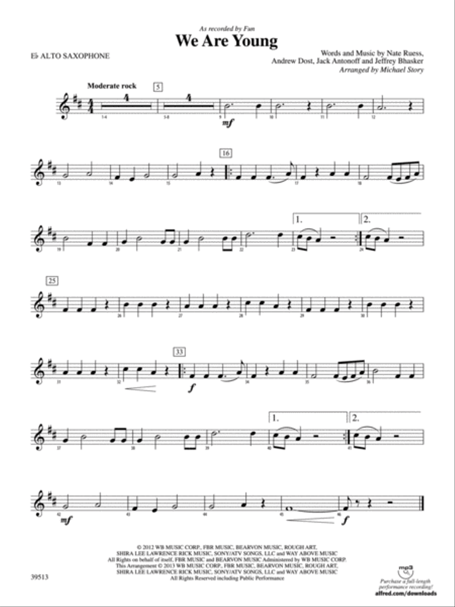We Are Young: E-flat Alto Saxophone Concert Band scores gallery preview page 1