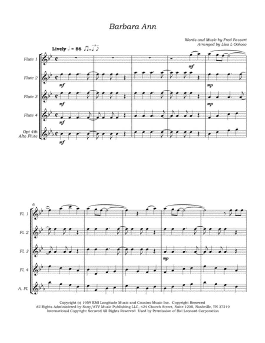 Barbara Ann Barbara Ann Flute Quartet scores gallery preview page 5