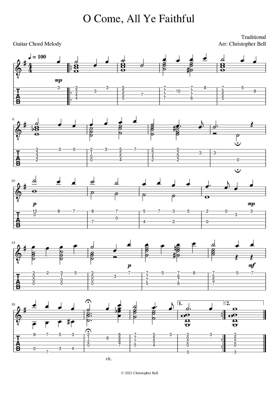 O Come, All Ye Faithful - Jazz Guitar Chord Melody Electric Guitar scores gallery preview page 1