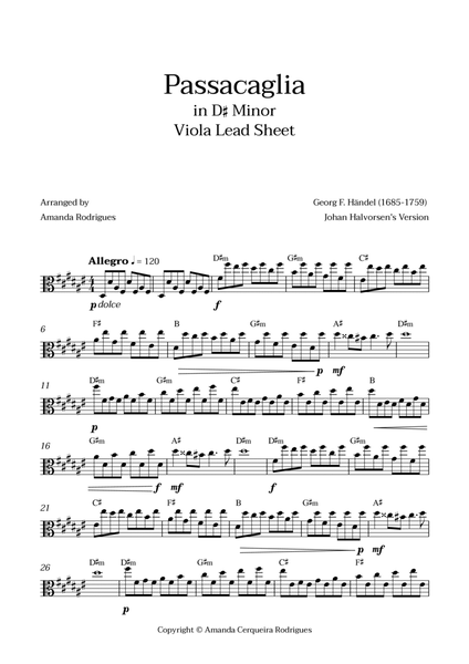 Passacaglia - Easy Viola Lead Sheet in D#m Minor (Johan Halvorsen's Version) image number null