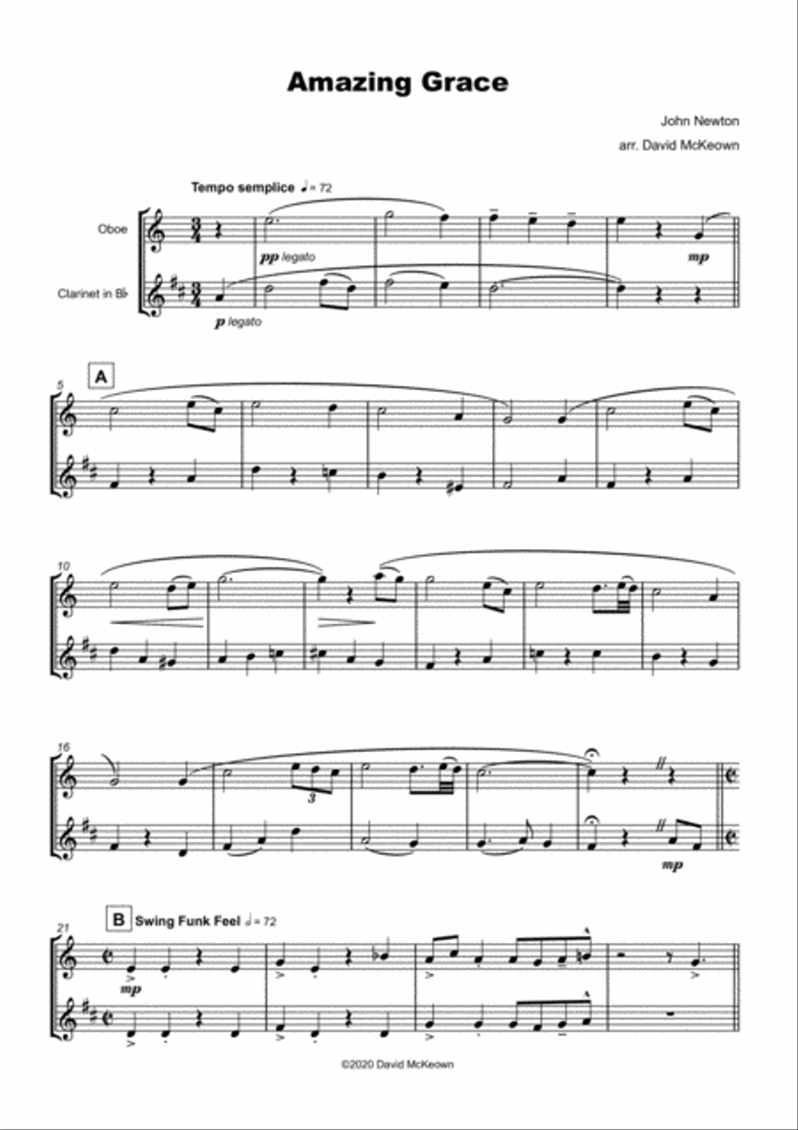 Amazing Grace, Gospel style for Oboe and Clarinet Duet Woodwind Duet scores gallery preview page 2