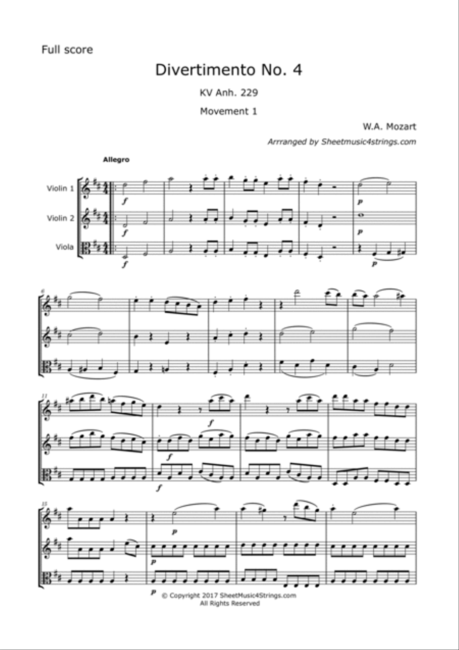 Mozart, W.A. - Divertimento No. 4, KV. 229 for 2 Violins and Viola String Trio scores gallery preview page 2