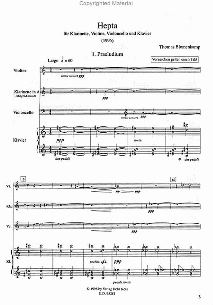Hepta für Klarinette, Violine, Violoncello und Klavier (1995) Clarinet scores gallery preview page 2