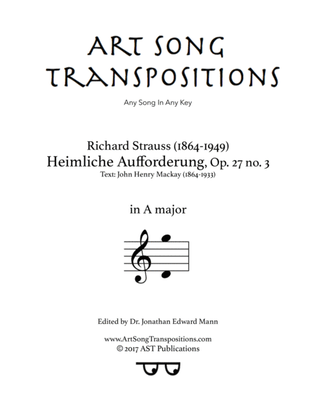 Book cover for STRAUSS: Heimliche Aufforderung, Op. 27 no. 3 (transposed to A major)