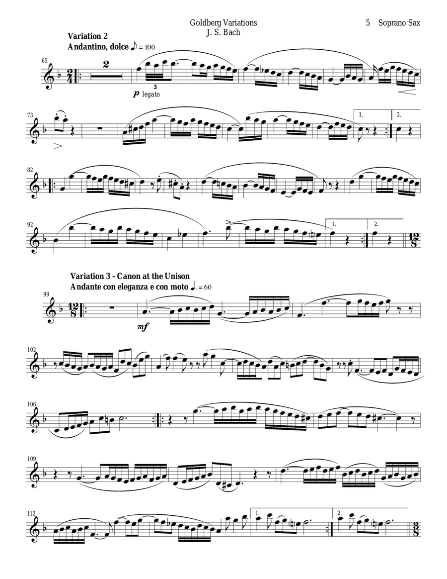 J. S. Bach Goldberg Variations set for saxophone trio (soprano, alto, baritone) - PARTS Woodwind Trio scores gallery preview page 5