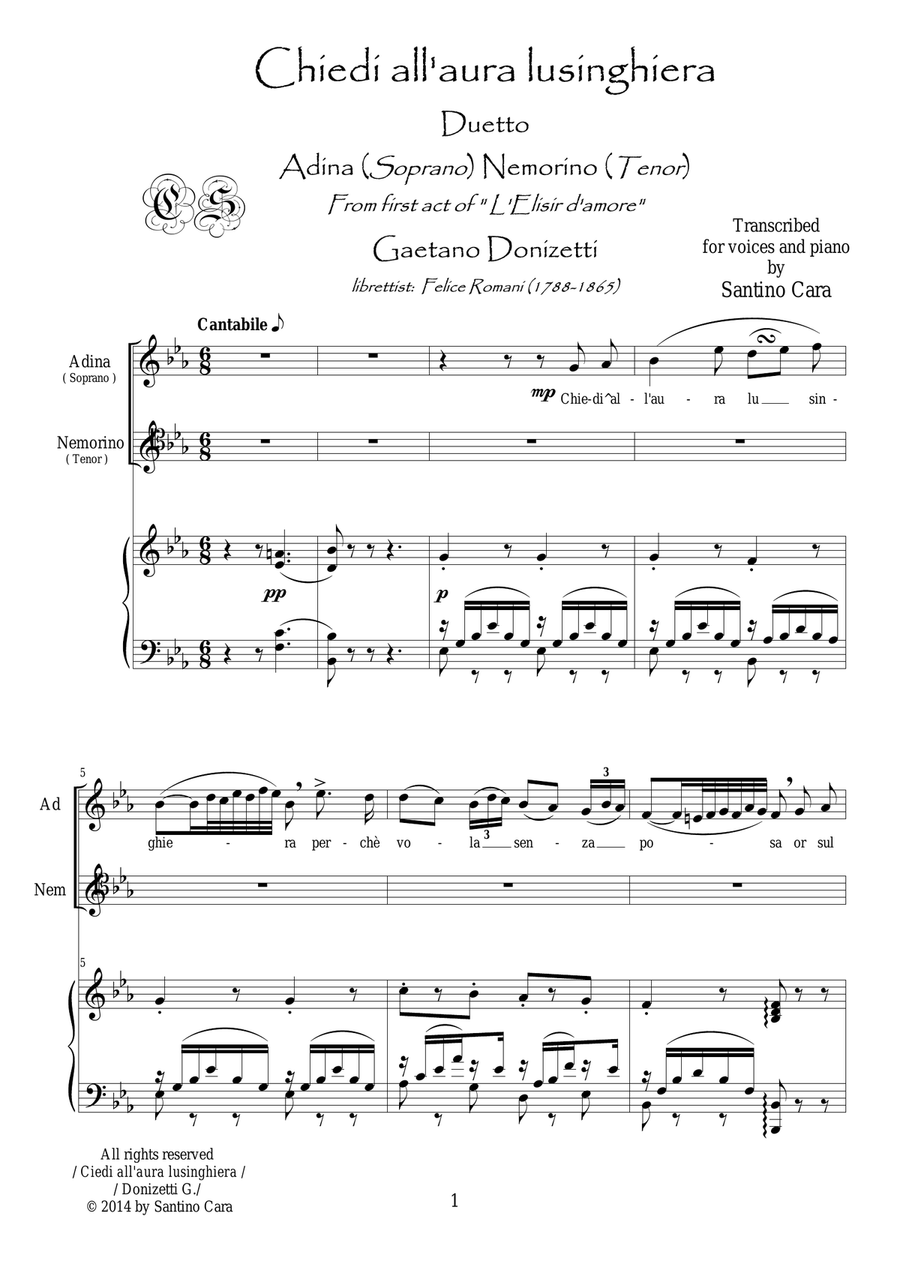 Donizetti-L'Elisir d'amore-Chiedi all'aura lusinghiera (Act1) Soprano, tenor and piano Piano, Vocal scores gallery preview page 1