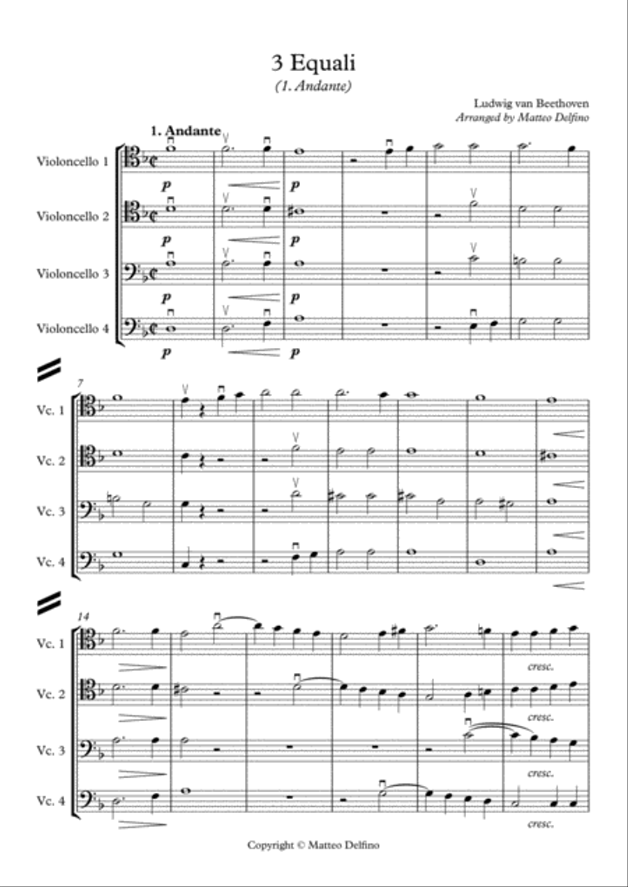 3 Equali (Cello Quartet) Chamber Orchestra scores gallery preview page 1