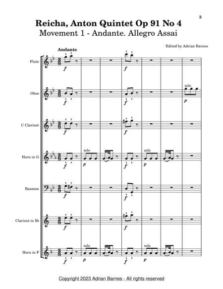 Wind Quintet Op 91 No 4 - Movement 1: Andante. Allegro Assai image number null