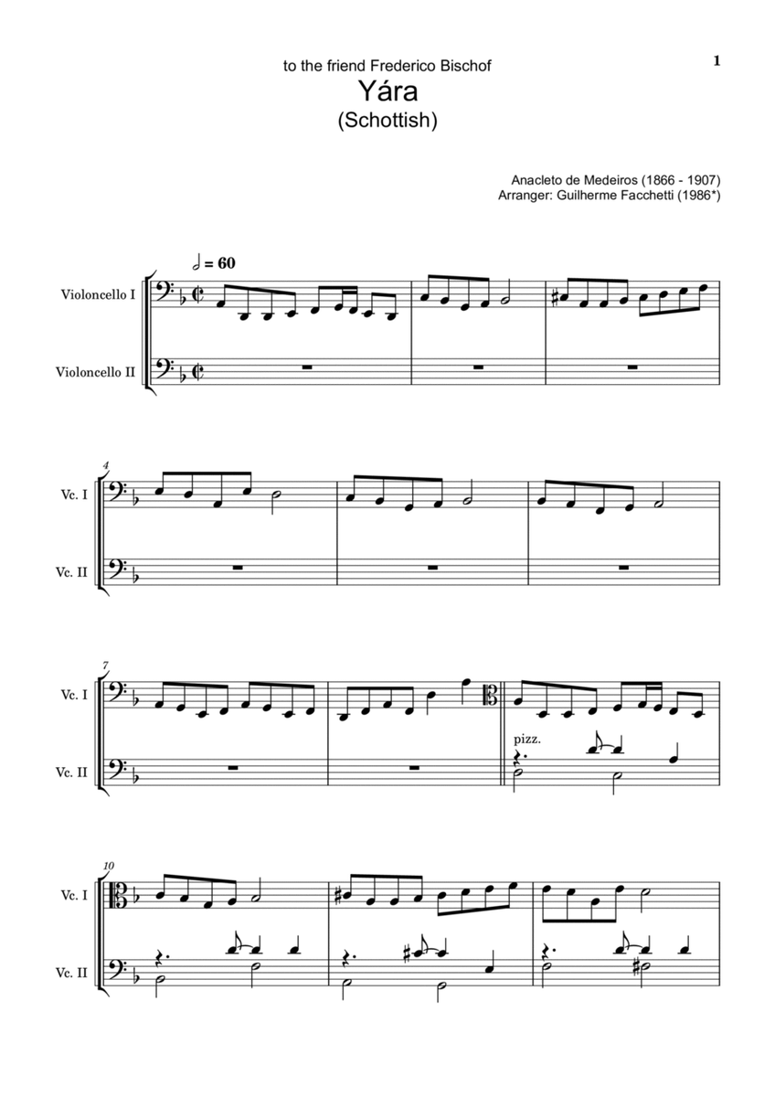Anacleto de Medeiros - Yára. Arrangement for Cello Duet. Complete Score and Parts image number null