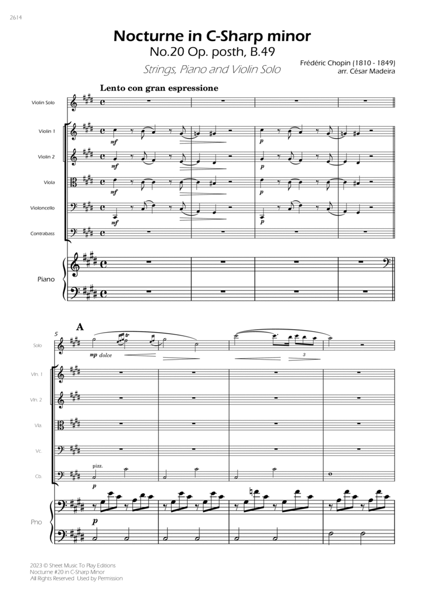Nocturne No.20 in C Sharp minor - Violin Solo, Strings and Piano (Full Score) - Score Only image number null