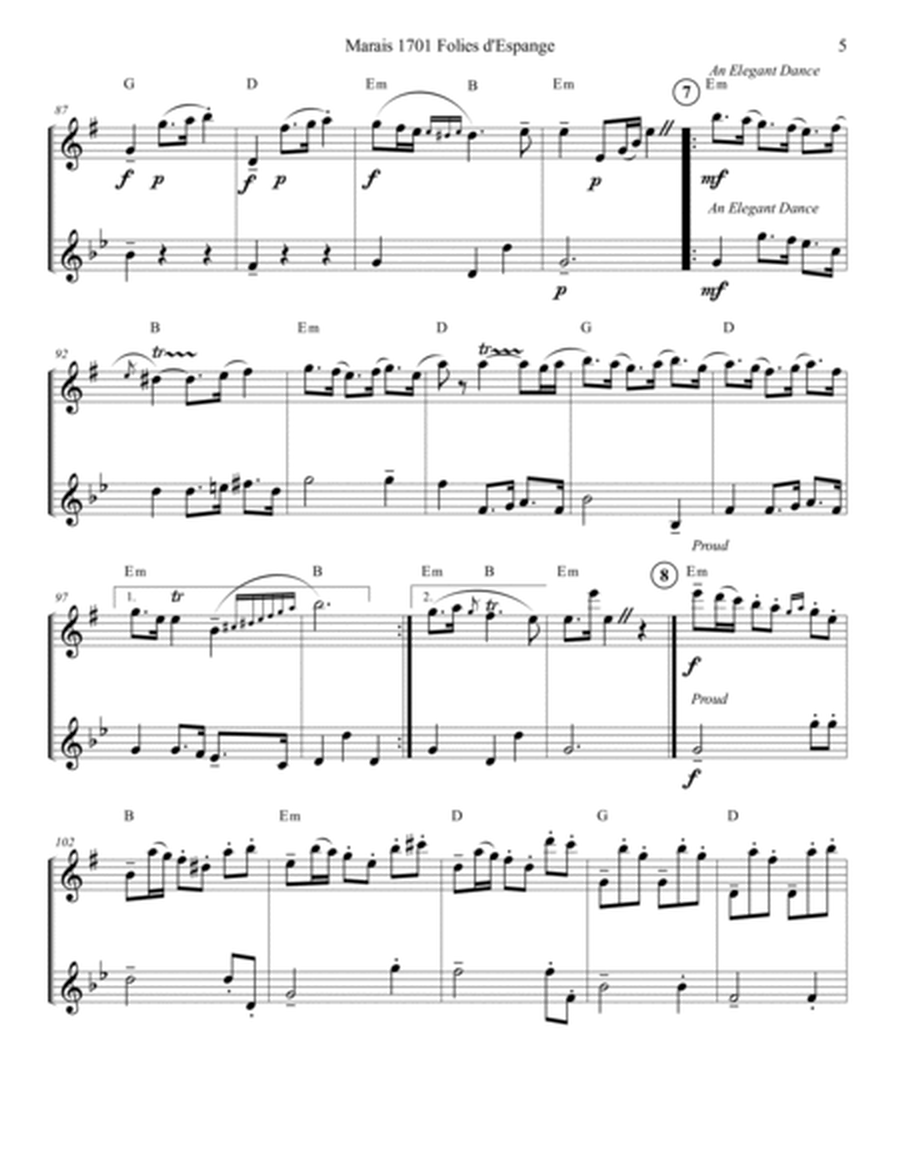 Marais 1701 Folies d'Espagne Flute and Clarinet Duet Score and Parts