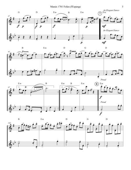 Marais 1701 Folies d'Espagne Flute and Clarinet Duet Score and Parts