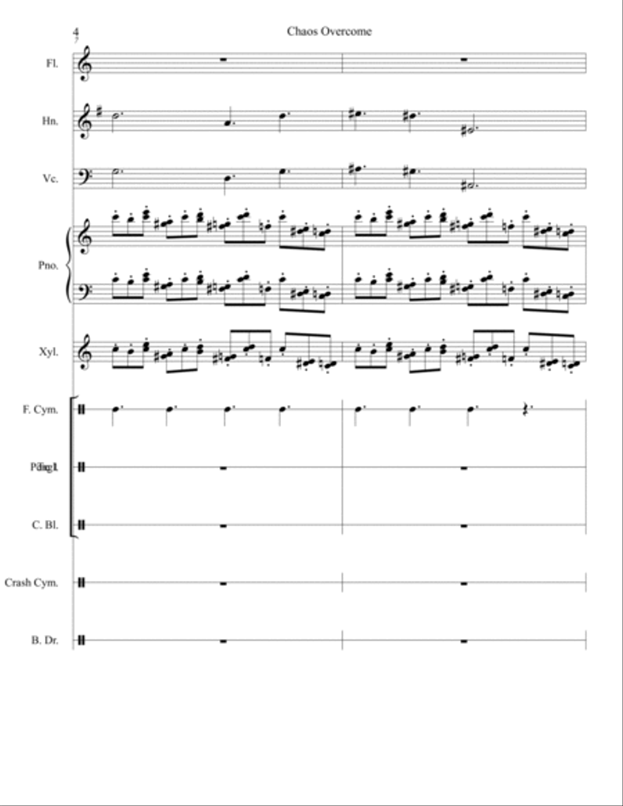 Chaos Overcome for Mixed Ensemble (Flute, French Horn, Cello, Piano, Xylophone, and assorted Percuss Small Ensemble scores gallery preview page 4