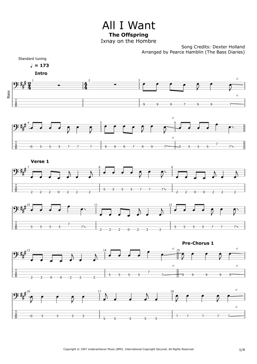 All I Want Bass Guitar scores gallery preview page 1