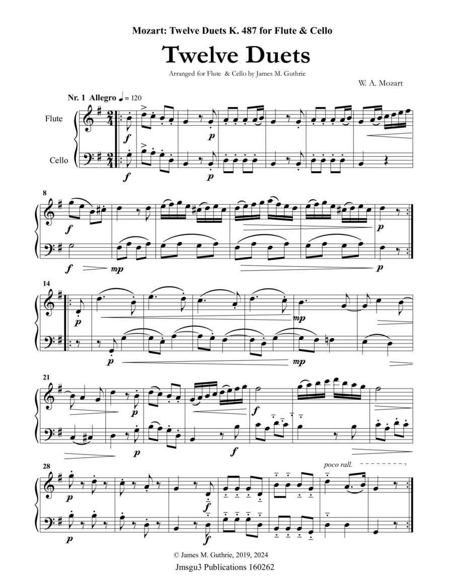 Mozart: Twelve Duets K. 487 for Flute & Cello Flute scores gallery preview page 1