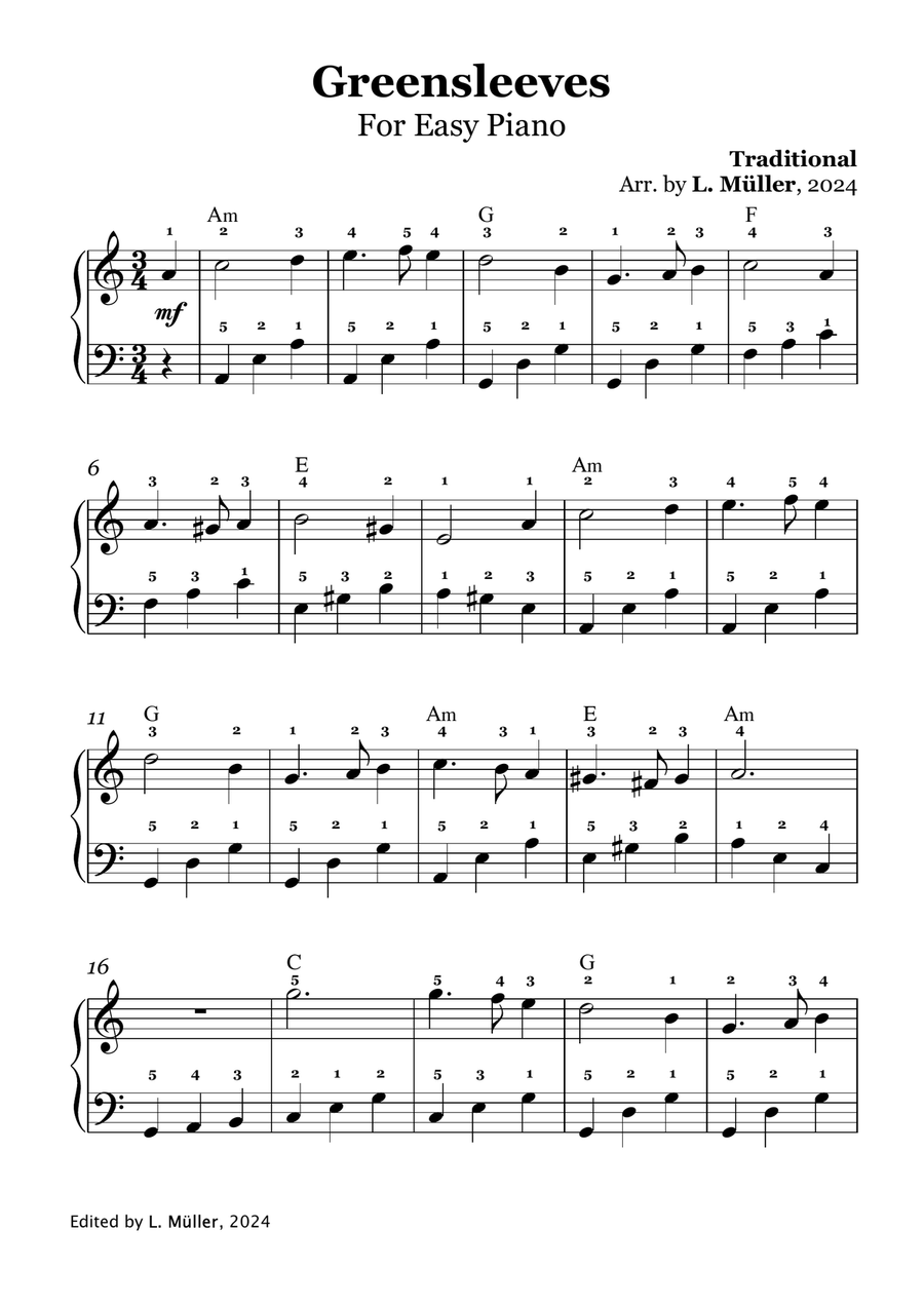 Greensleeves - Easy Piano with chords + Fingering Piano Method scores gallery preview page 1