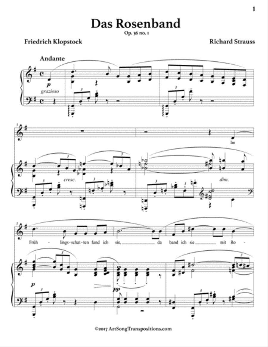 STRAUSS: Das Rosenband, Op. 36 no. 1 (transposed to G major) Voice scores gallery preview page 2