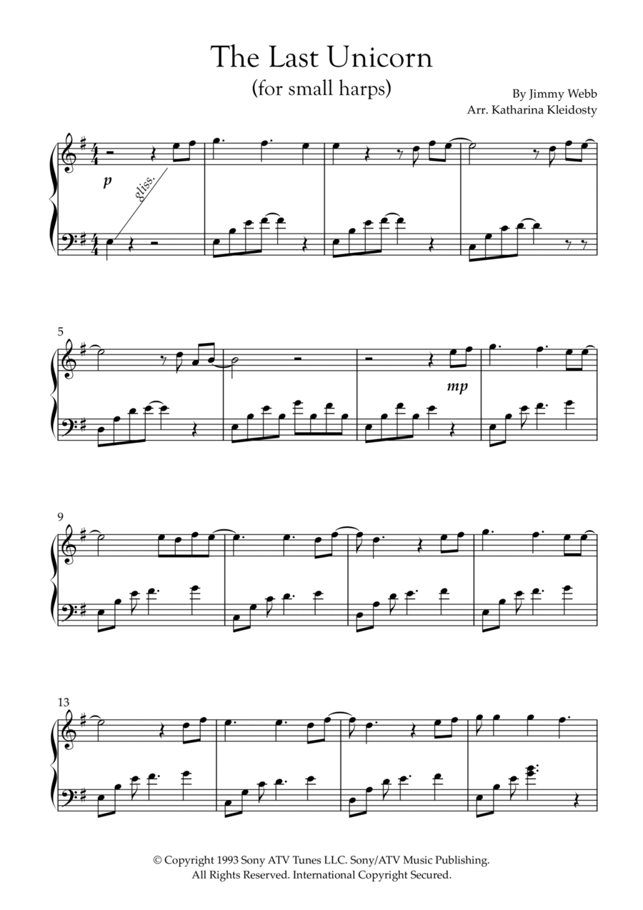 The Last Unicorn (main Theme) Celtic Harp scores gallery preview page 1
