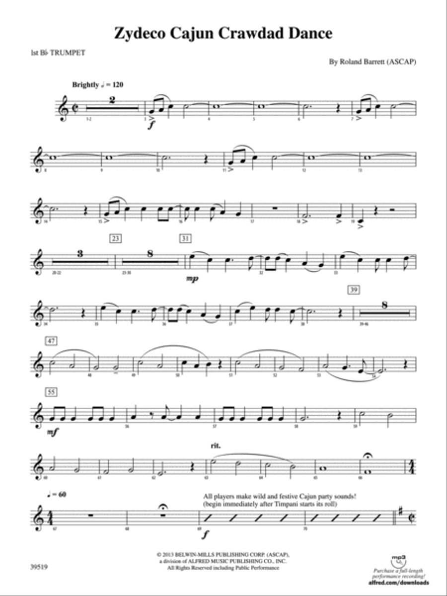 Zydeco Cajun Crawdad Dance: 1st B-flat Trumpet Concert Band scores gallery preview page 1