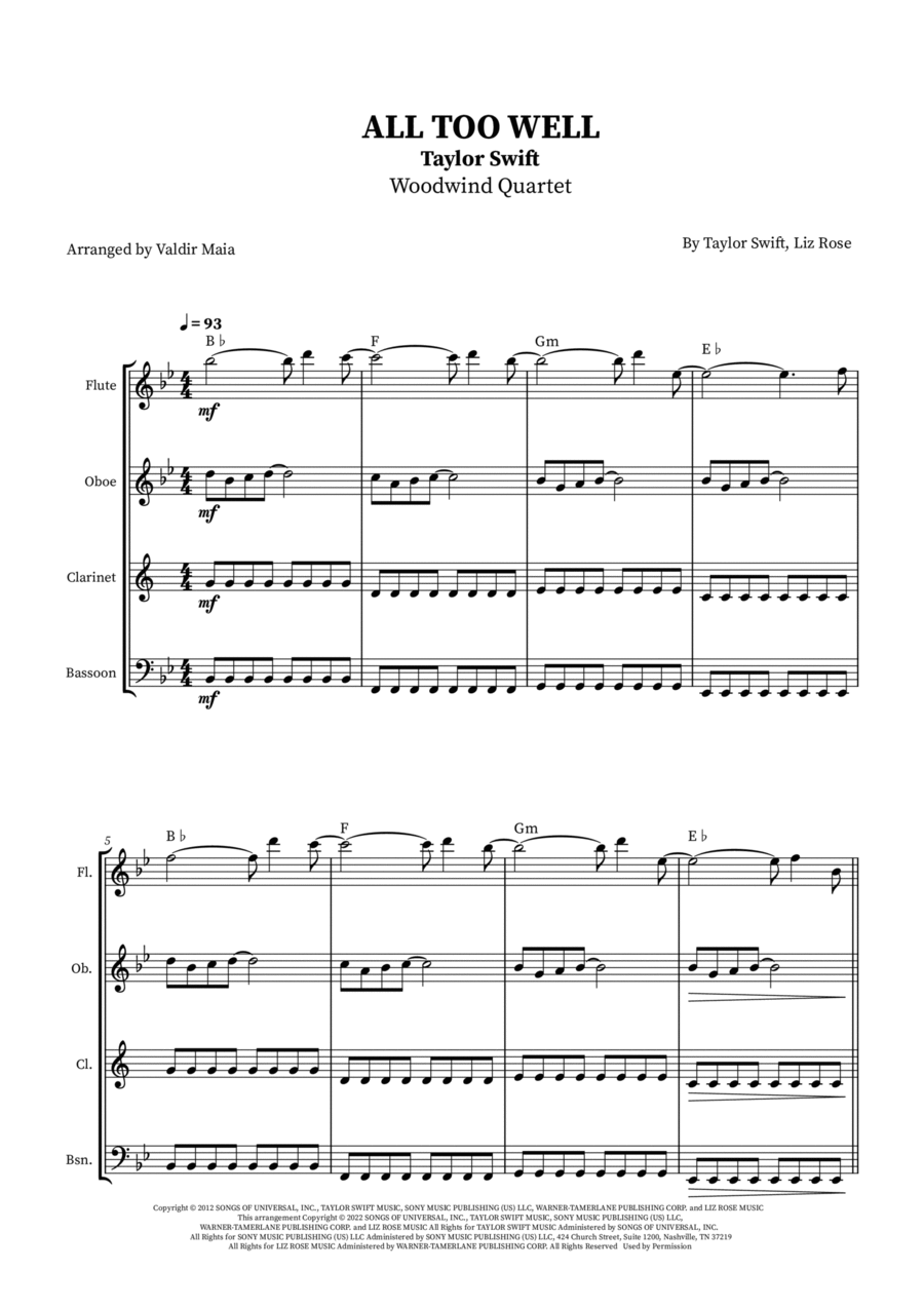 All Too Well Woodwind Quartet scores gallery preview page 1