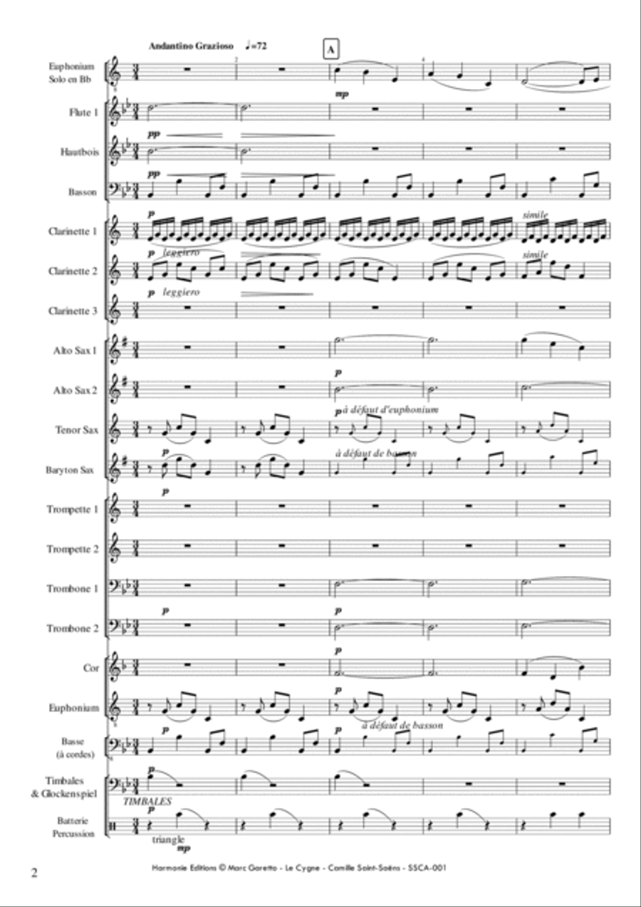 Le Cygne (The Swan) - Carnaval des Animaux (carnival of the animals) for Concert Band Concert Band scores gallery preview page 3