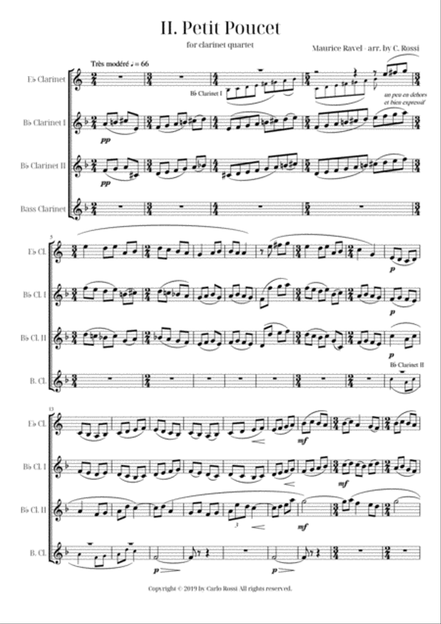 Ma Mère l'Oye - II. Petit Poucet for Clarinet Quartet Clarinet Quartet scores gallery preview page 1