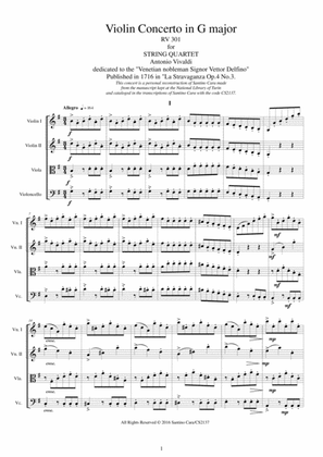 Book cover for Vivaldi - Violin Concerto in G major RV 301 Op.4 No.3 for String Quartet