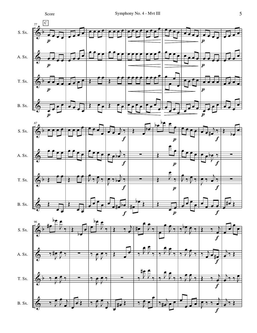 Scherzo (Mvt III) from Symphony No. 4 Saxophone Quartet scores gallery preview page 5