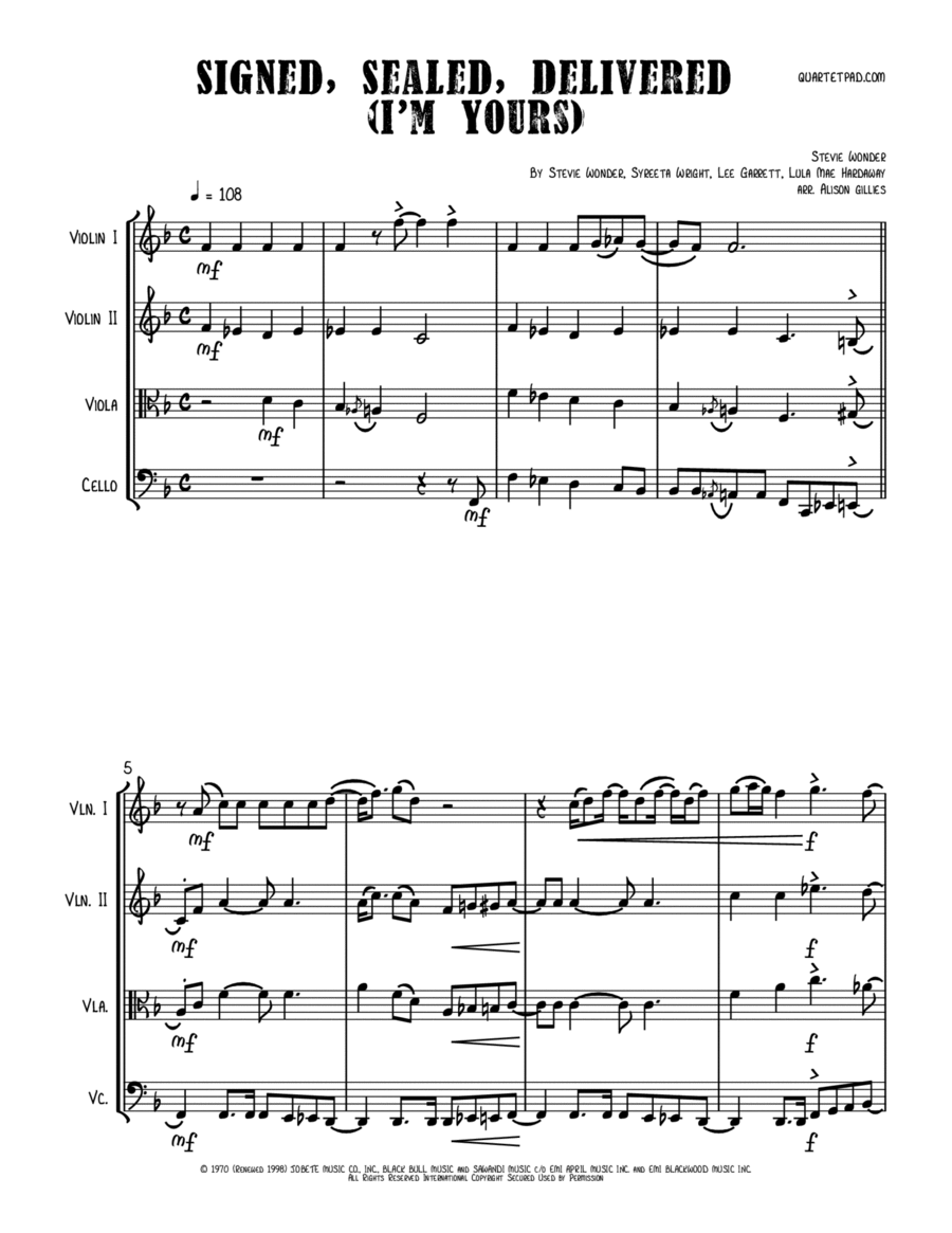 Signed, Sealed, Delivered I'm Yours String Quartet scores gallery preview page 1