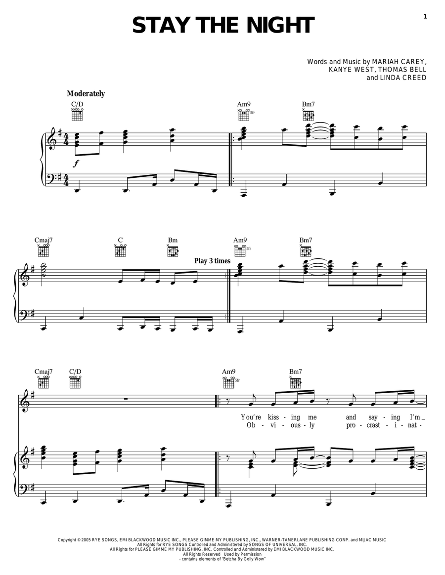 Stay The Night Piano, Vocal, Guitar scores gallery preview page 1