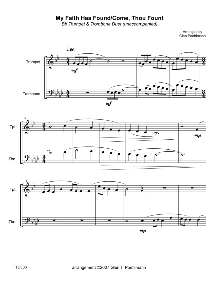 MY FAITH HAS FOUND A RESTING PLACE/COME THOU FOUNT OF EVERY BLESSING - Trumpet & Trombone Duet (unac Brass Duet scores gallery preview page 1
