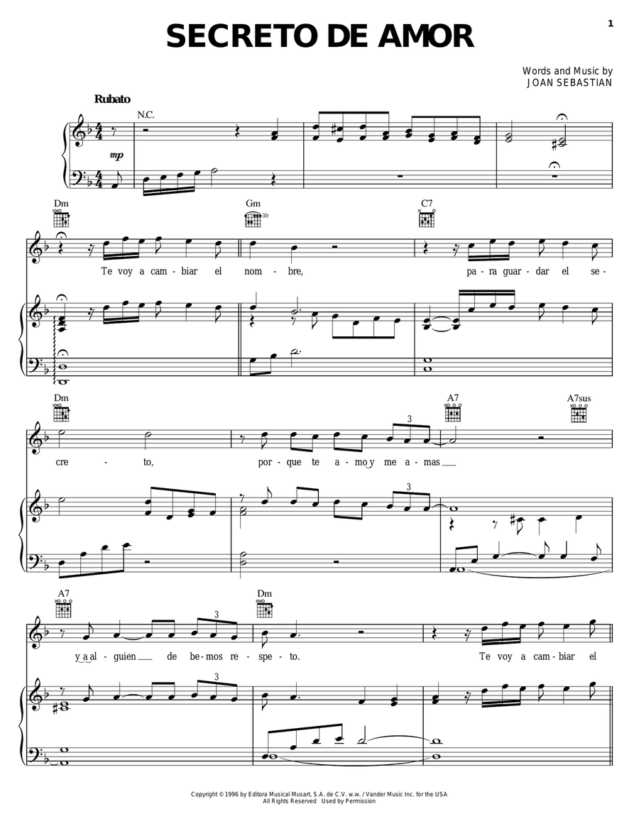 Secreto De Amor Piano, Vocal, Guitar scores gallery preview page 1
