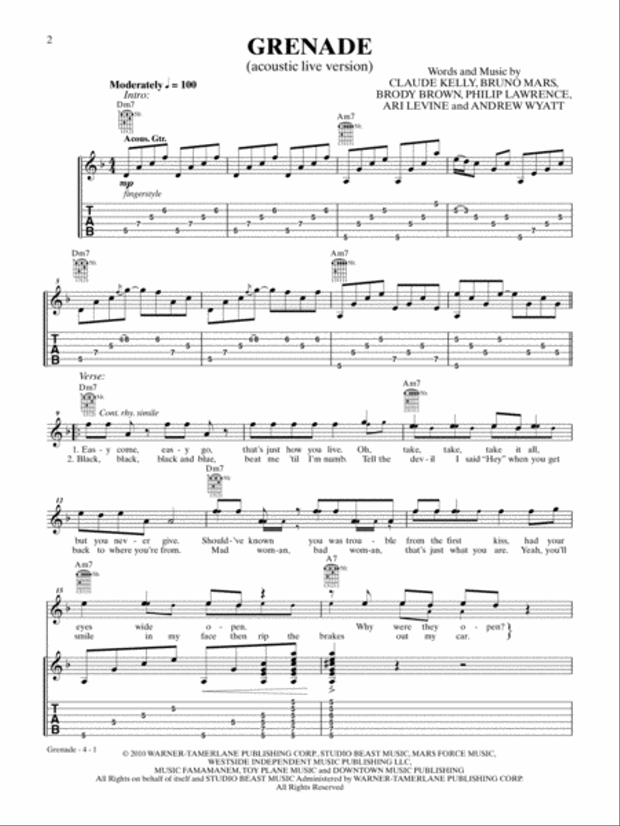 Grenade (live/acoustic version) Guitar Tablature scores gallery preview page 1