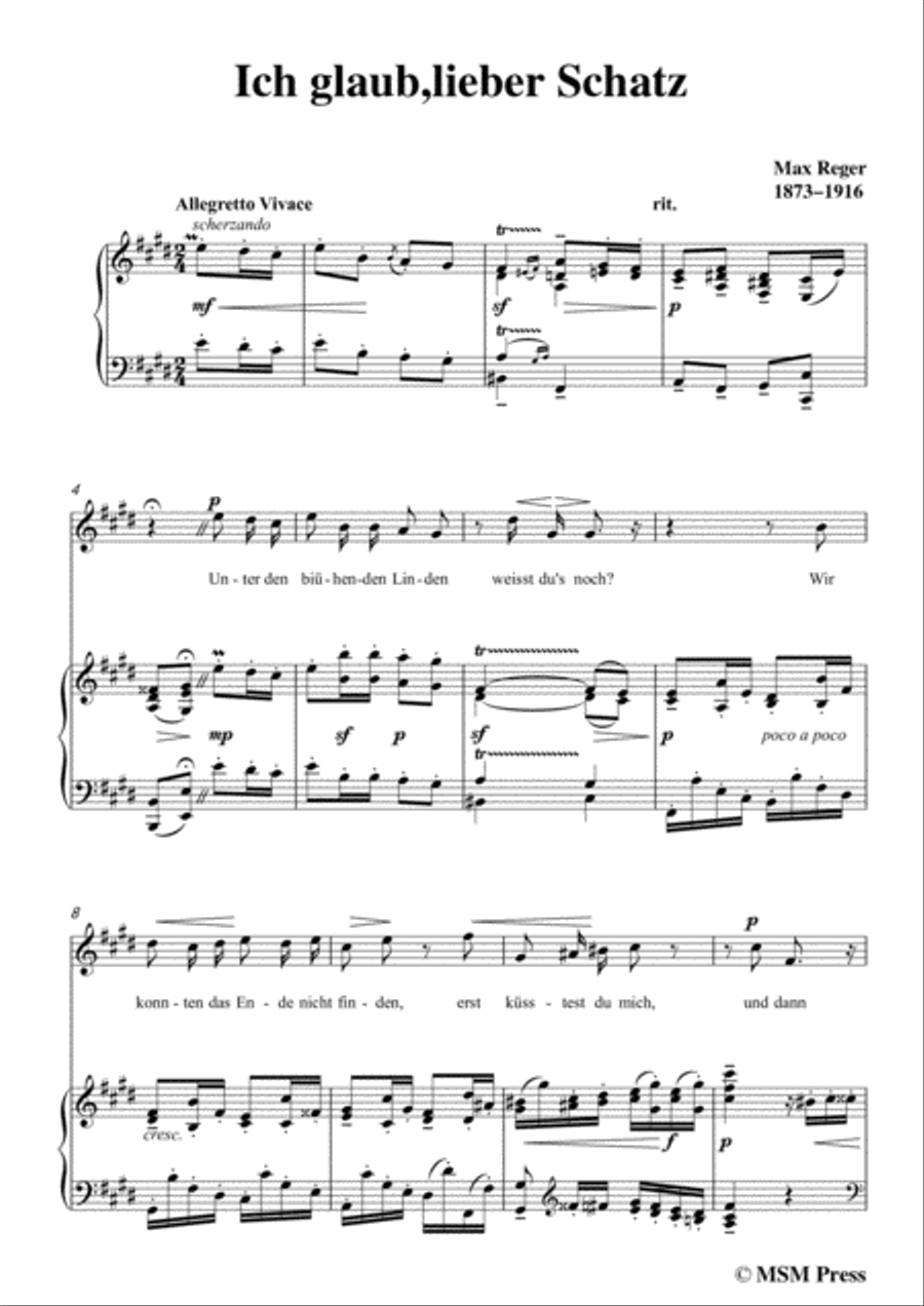 Reger-Ich glaub,lieber Schatz in E Major,for Voice and Piano Voice Solo scores gallery preview page 3
