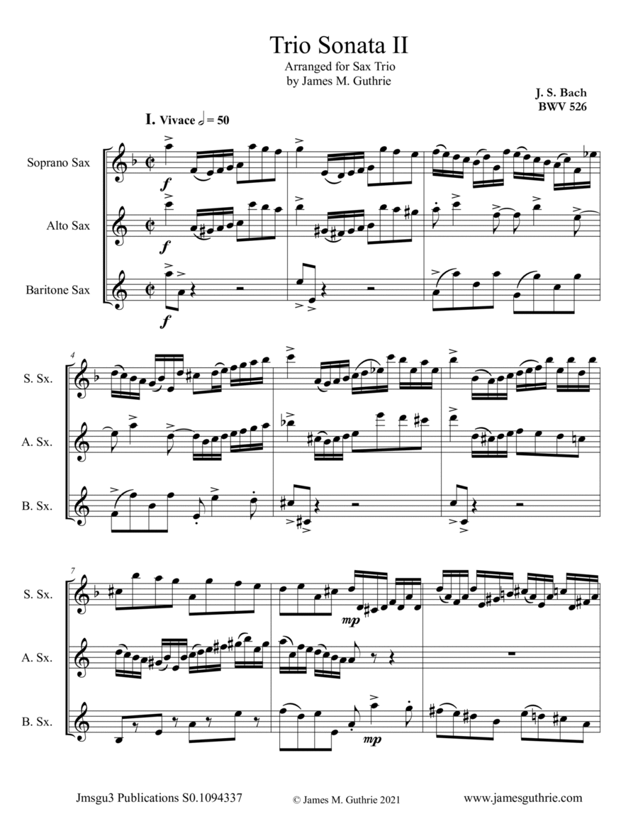 BACH: Trio Sonata No. 2 BWV 526 for Sax Trio image number null