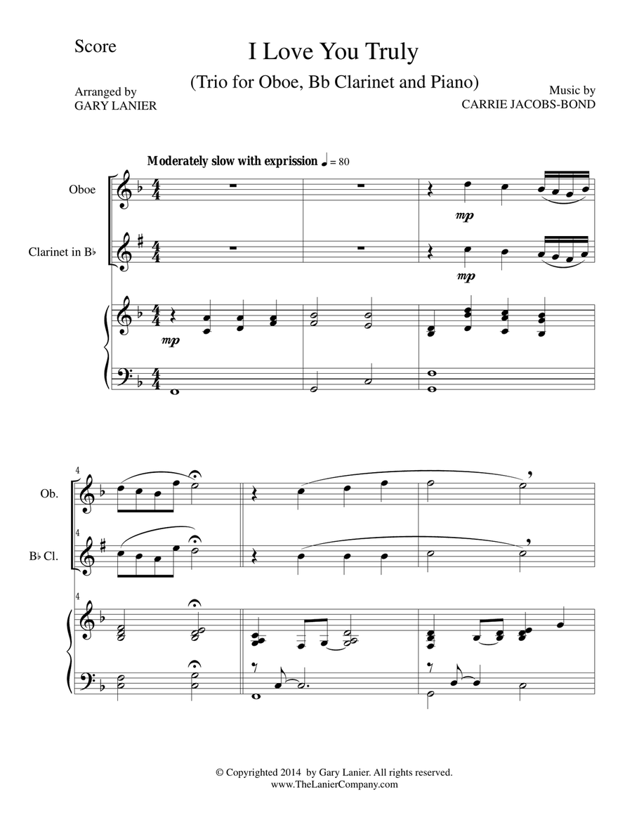 I LOVE YOU TRULY (Trio – Oboe, Bb Clarinet, Piano with Score and Parts)