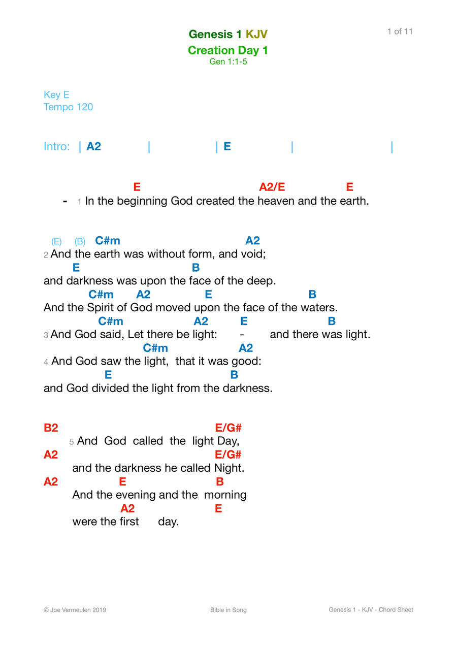 Genesis 1 - In the Beginning - Color Chord Sheet Piano, Vocal, Guitar scores gallery preview page 1