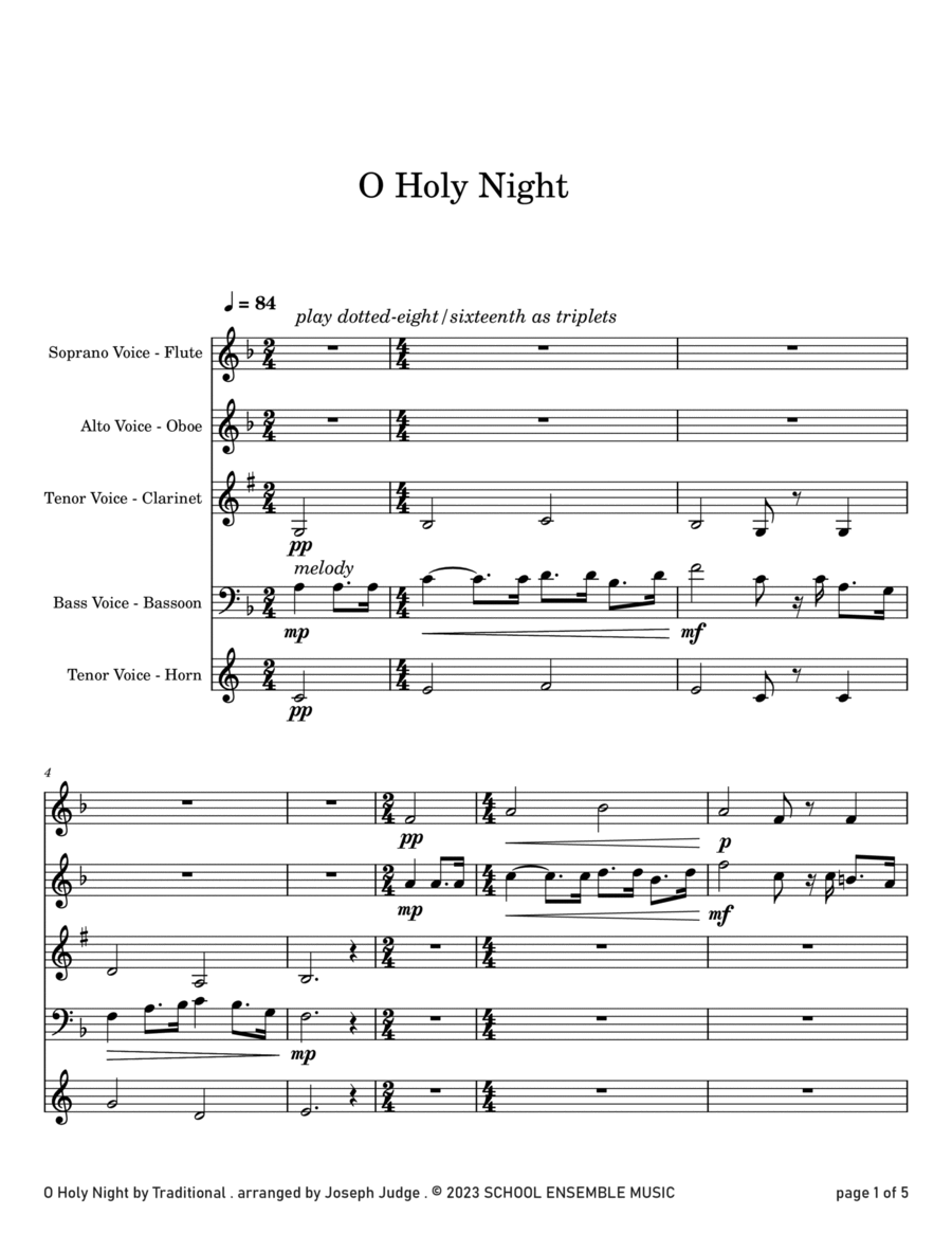 O Holy Night for Woodwind Quartet in Schools O Holy Night for Woodwind Quartet in Schools Woodwind Quartet scores gallery preview page 1