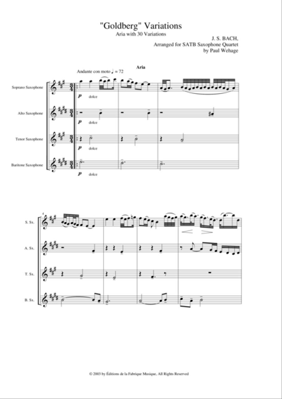 Johann Sebastian Bach/Wehage Goldberg Variations, BWV 988, arranged for SATB saxophone Quartet, scor Saxophone Quartet scores gallery preview page 1