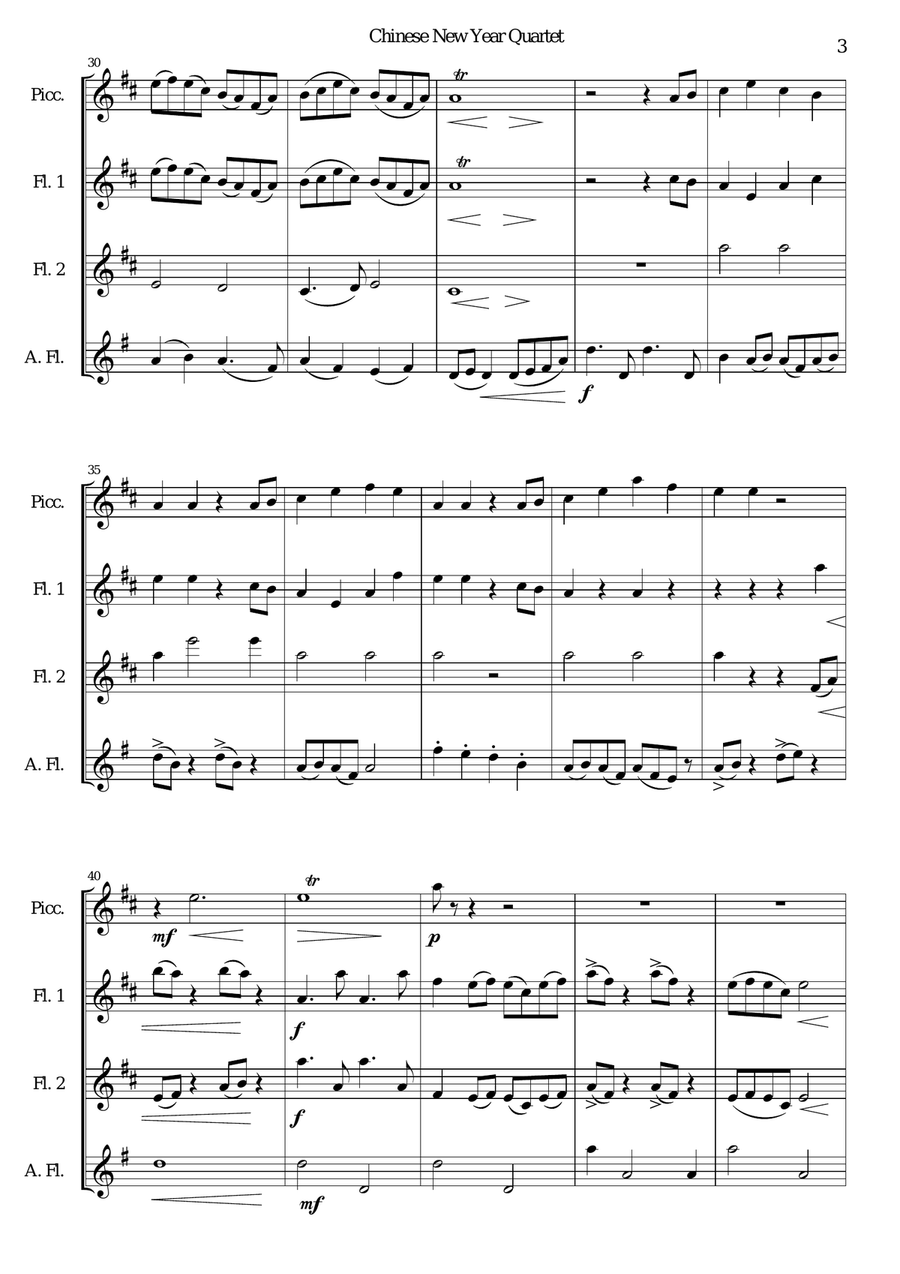 Chinese New Year Celebration for flute quartet (piccolo, 2 flutes, alto flute) Flute Quartet scores gallery preview page 3