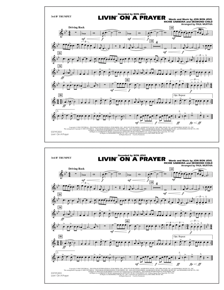 Livin' on a Prayer - 3rd Bb Trumpet Marching Band scores gallery preview page 1