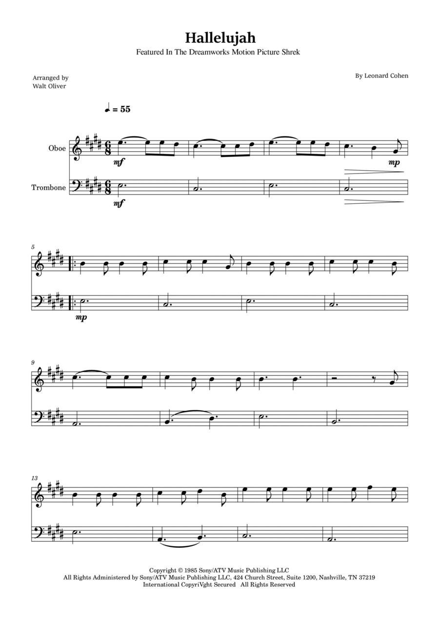 Hallelujah Trombone Duet scores gallery preview page 1