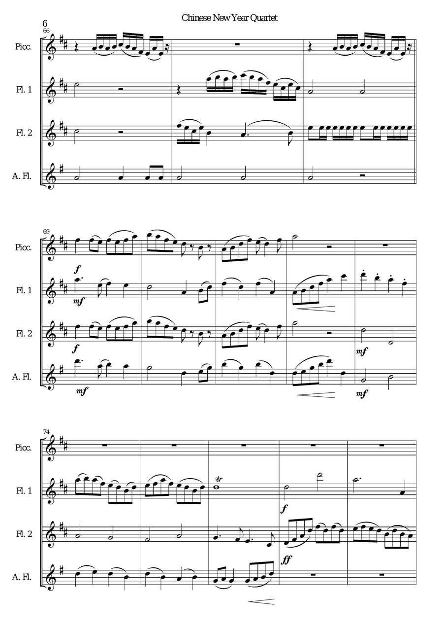 Chinese New Year Celebration for flute quartet (piccolo, 2 flutes, alto flute) Flute Quartet scores gallery preview page 6