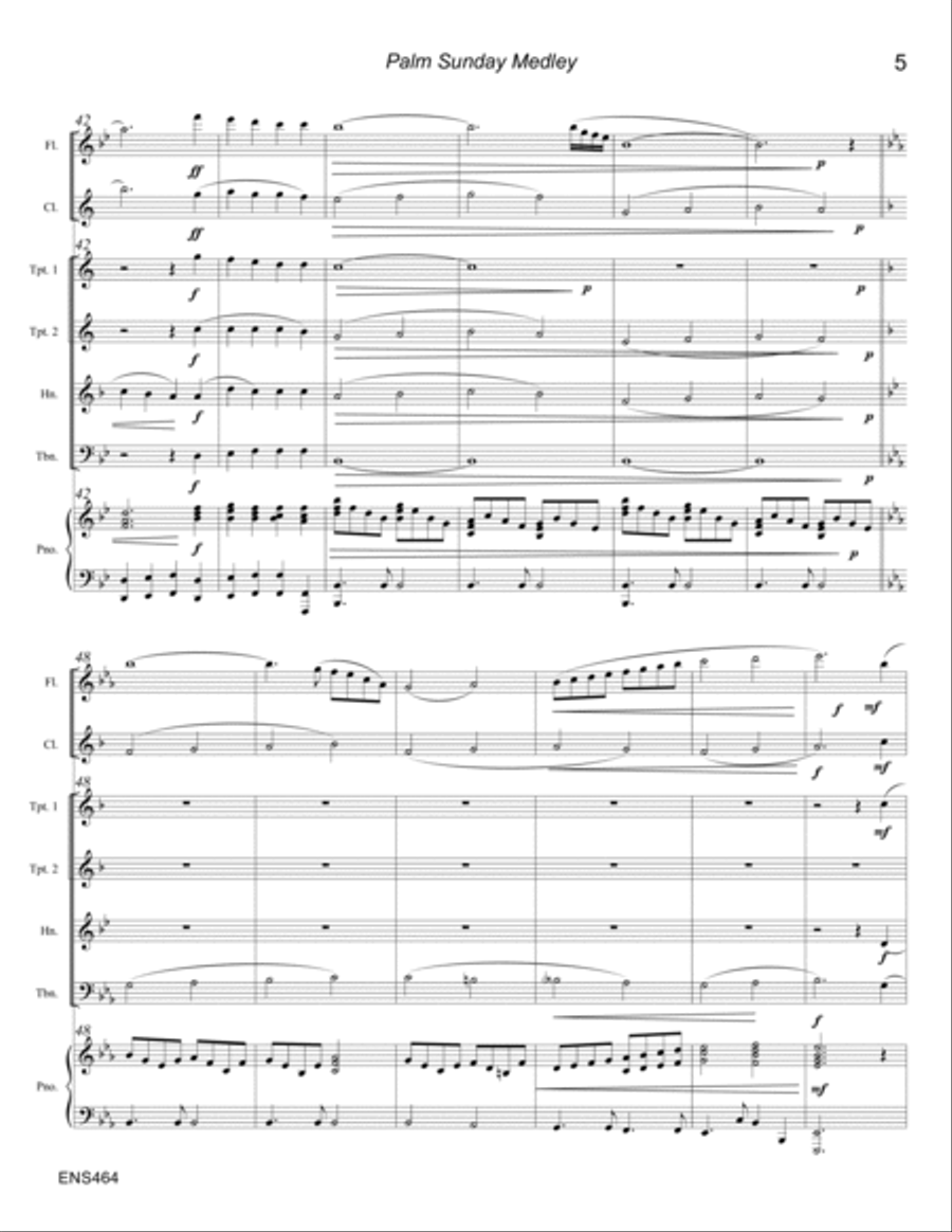 PALM SUNDAY MEDLEY - MIXED ENSEMBLE with PIANO (Flute, Clarinet, 2 Trumpets, Horn, Trombone) Large Ensemble scores gallery preview page 5