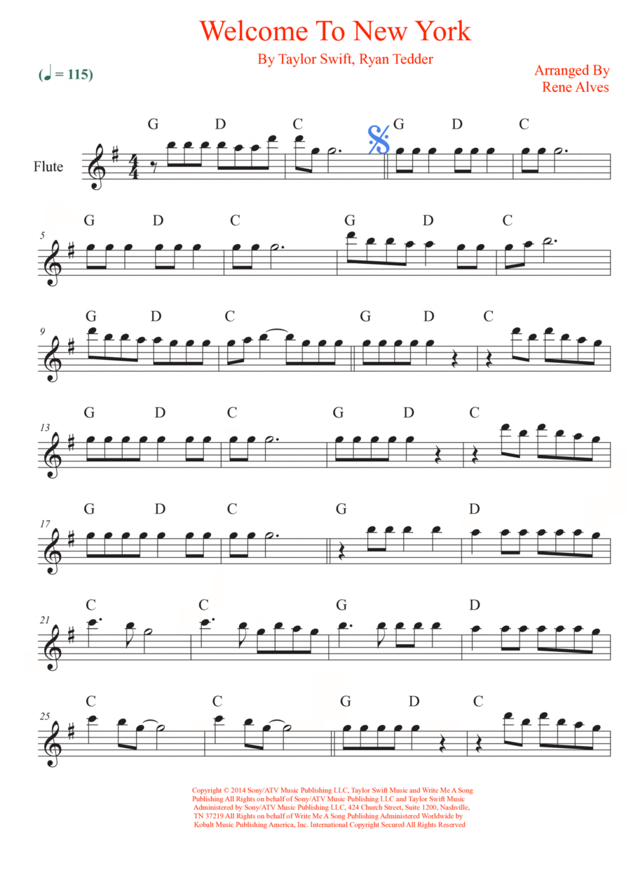 Welcome To New York Flute Solo scores gallery preview page 1